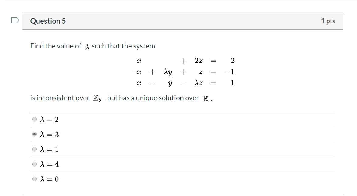Solved Question 5 1 pts Find the value of such that the | Chegg.com