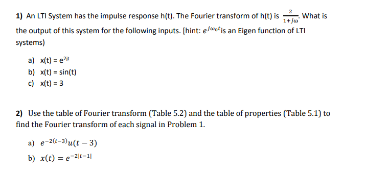 Solved 1 An Lti System Has The Impulse Response H T The