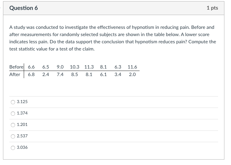 Solved Question 6 1 pts A study was conducted to investigate | Chegg.com