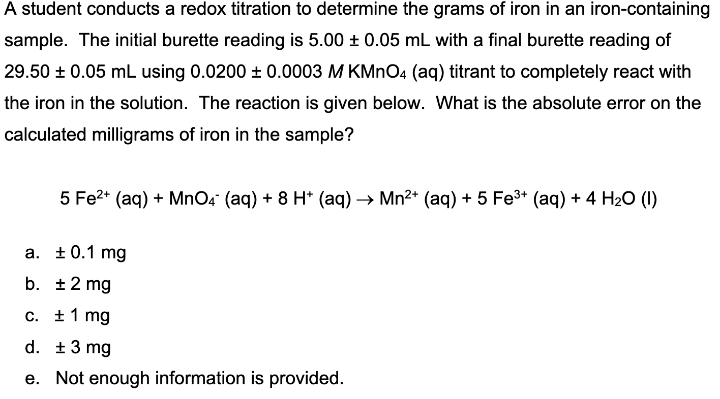 Solved A student conducts a redox titration to determine the | Chegg.com