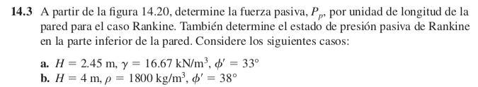 14.3 A partir de la figura 14.20 , determine la fuerza pasiva, \( P_{p} \), por unidad de longitud de la pared para el caso R