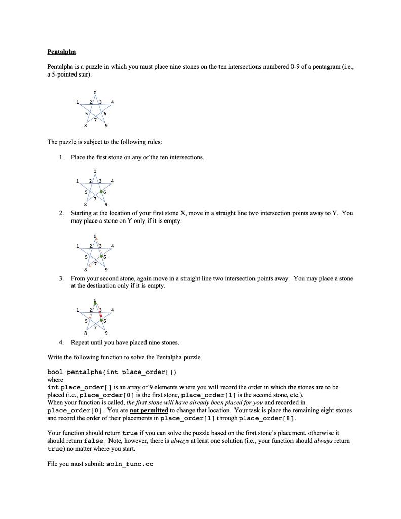 Pentalpha
Pentalpha is a puzzle in which you must place nine stones on the ten intersections numbered \( 0-9 \) of a pentagra