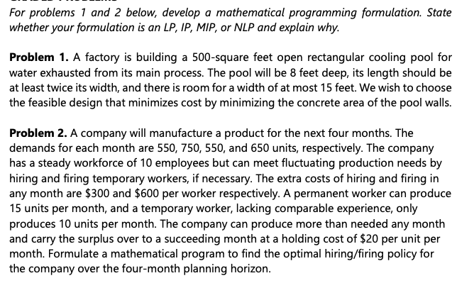Solved For problems 1 and 2 below, develop a mathematical | Chegg.com
