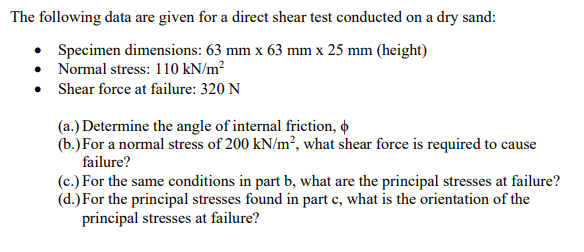 Solved The Following Data Are Given For A Direct Shear Test | Chegg.com