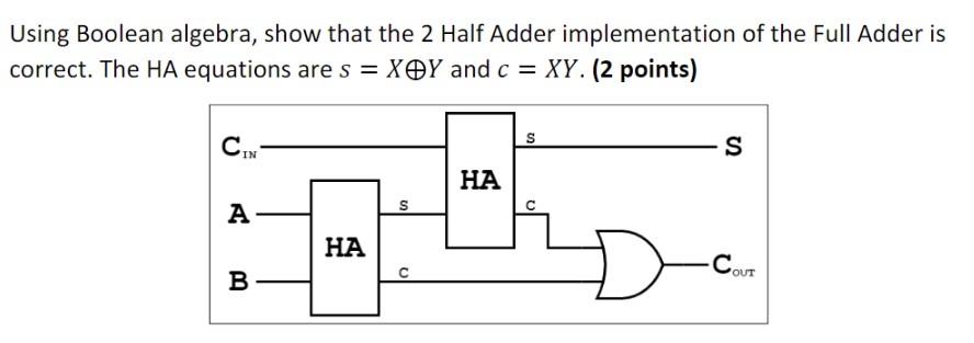 Solved Using Boolean algebra, show that the 2 Half Adder | Chegg.com