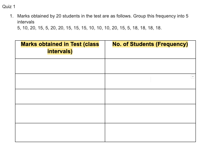 Solved Quiz 1 1. Marks obtained by 20 students in the test | Chegg.com