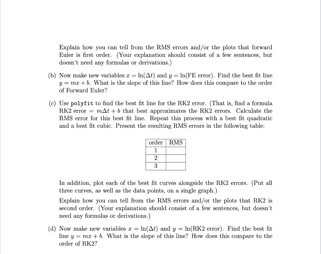 Explain how you can tell from the RMS errors and/or the plots that forward Euler is first order. (Your explanation should con