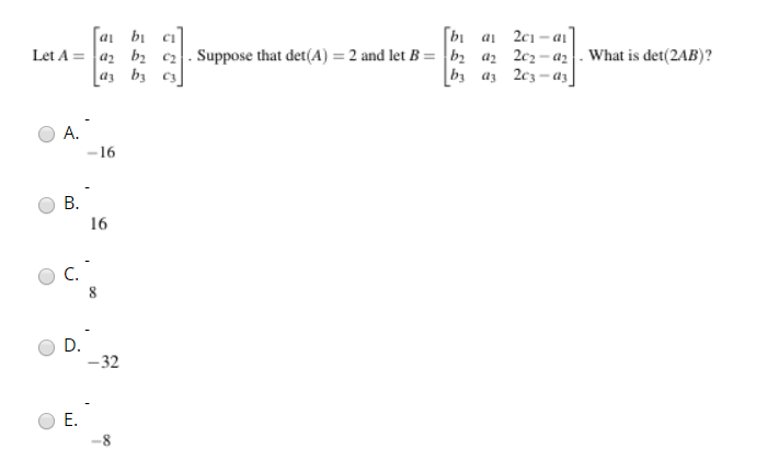 Solved Let A = albic a b c2 az bz ca] Suppose that det(A) = | Chegg.com