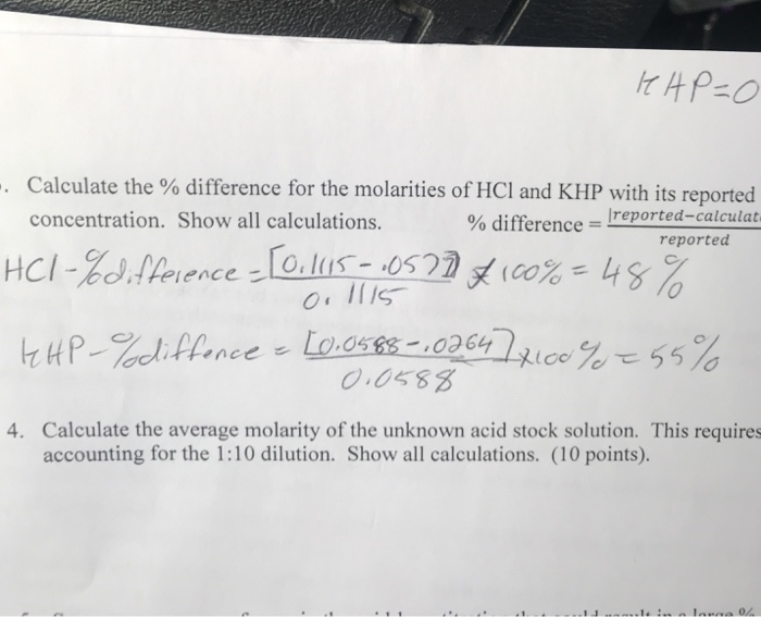 Solved Calculate the % difference for the molarities of HCl | Chegg.com