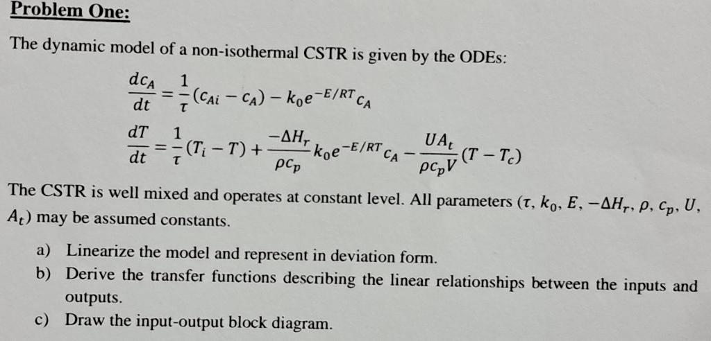 Solved The dynamic model of a non-isothermal CSTR is given | Chegg.com