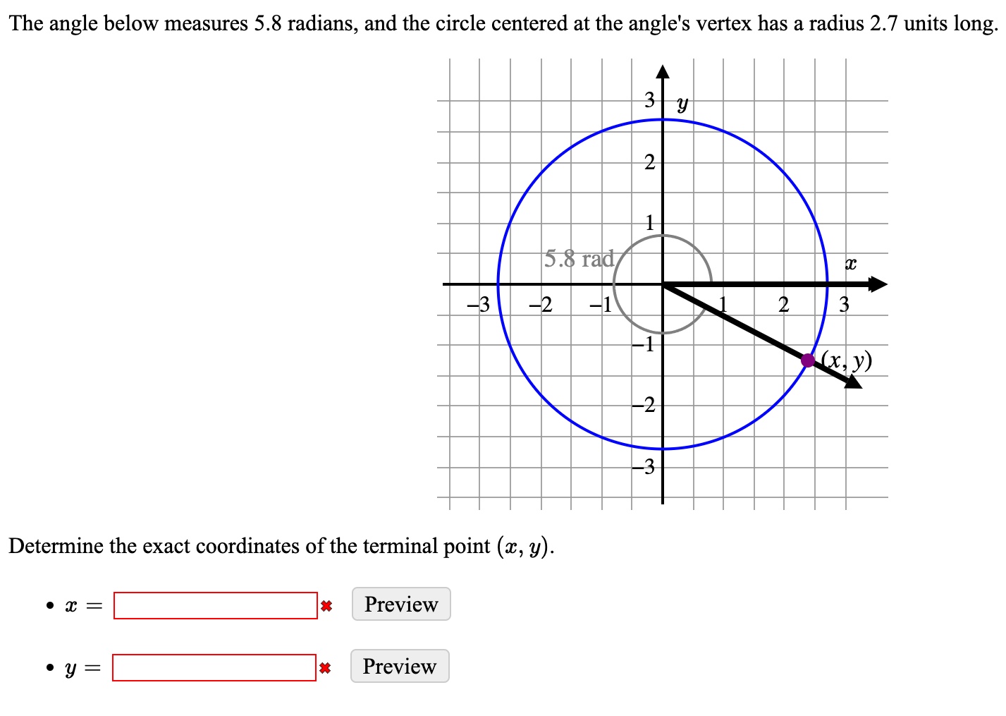 Solved The angle below measures 5.8 radians, and the circle | Chegg.com