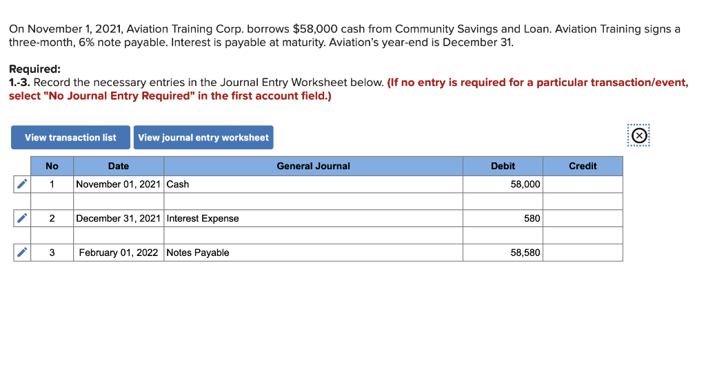 Solved On November 1, 2021, Aviation Training Corp. borrows