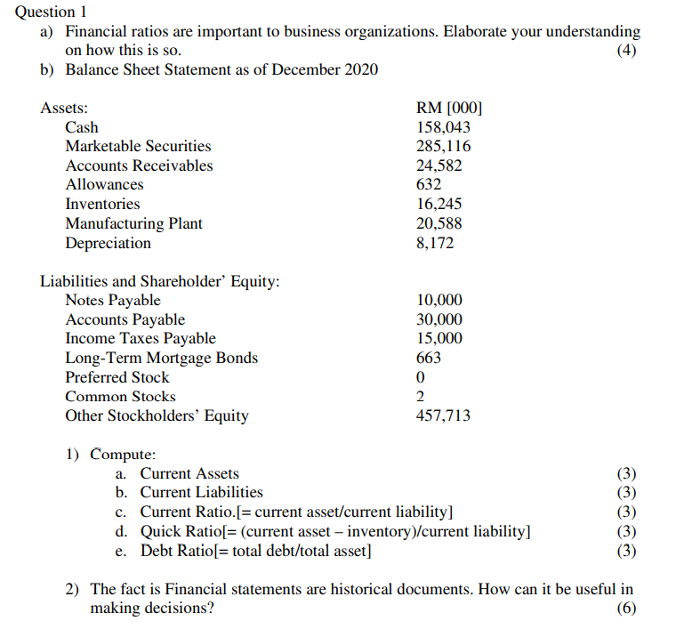 Solved Question 1 A) Financial Ratios Are Important To | Chegg.com