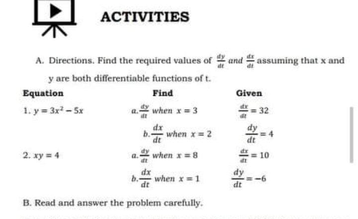 Solved ACTIVITIES A. Directions. Find the required values of | Chegg.com