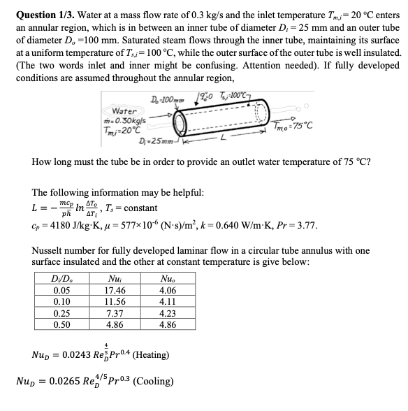 Solved Question 1/3. Water at a mass flow rate of 0.3 kg/s | Chegg.com