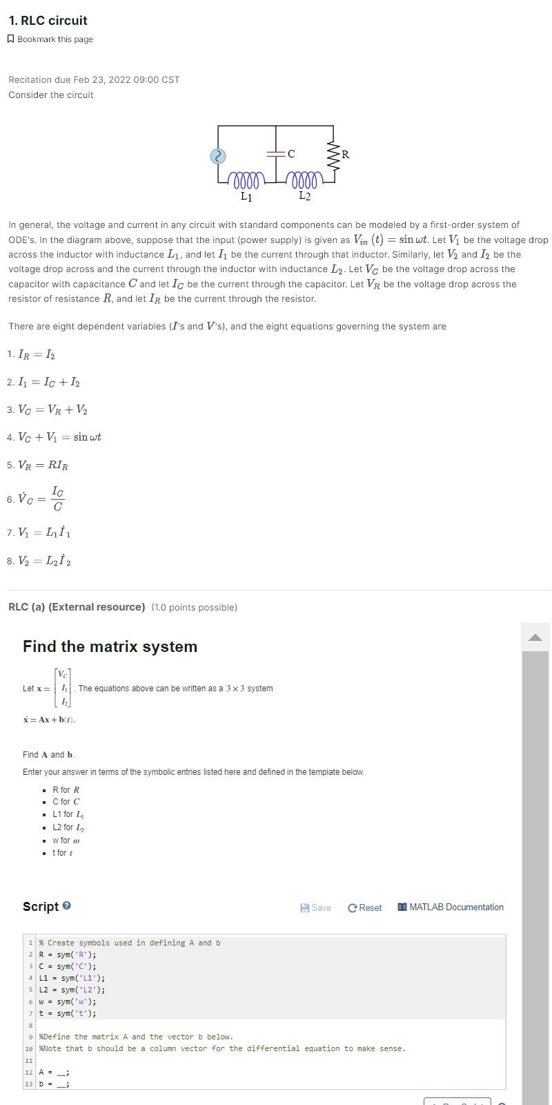 Solved Matlab: Define Matrix A and column vector b for the | Chegg.com