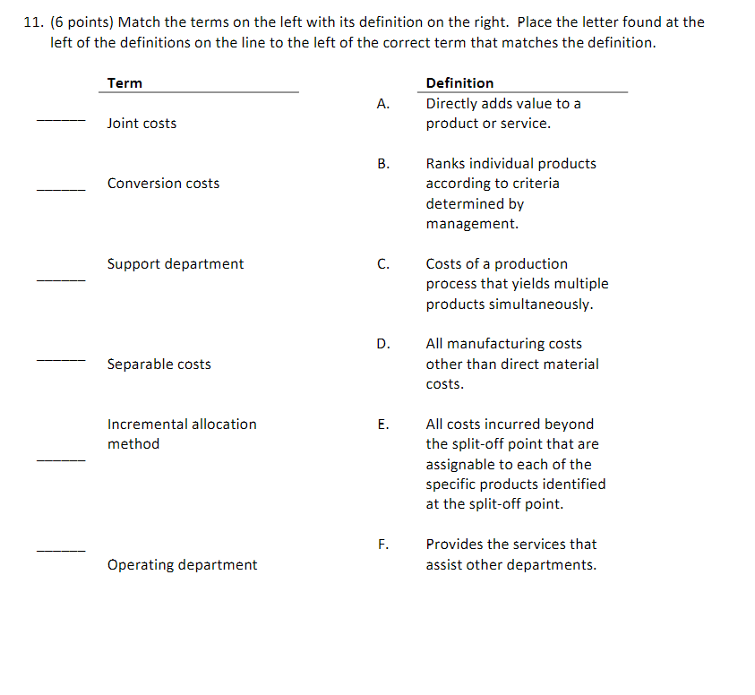 Solved 11. (6 noints) Match the terms on the left with its | Chegg.com