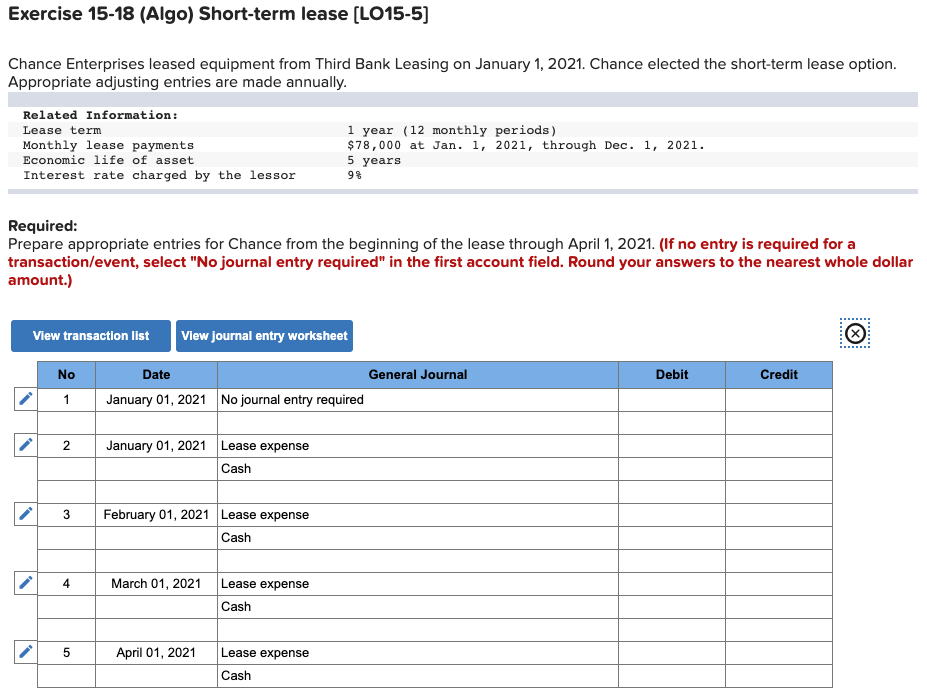 Solved Exercise 1518 (Algo) Shortterm lease (LO155)