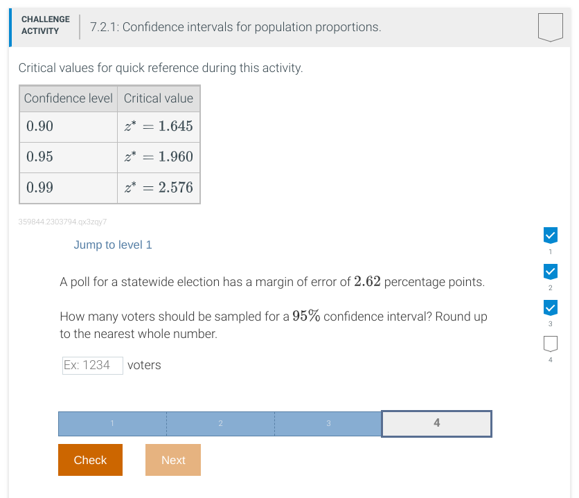 Solved CHALLENGE ACTIVITY 7.2.1: Confidence intervals for | Chegg.com