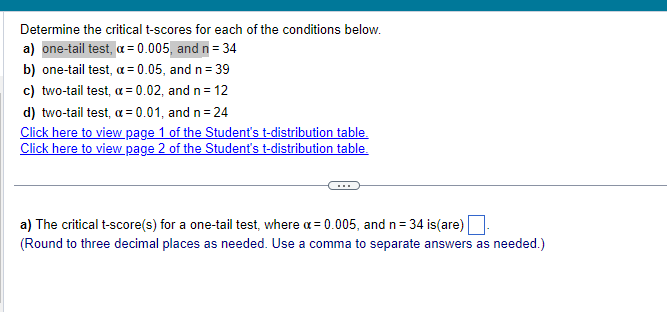 Determine the critical t-scores for each of the conditions below.
a) one-tail test, \( \alpha=0.005 \), and \( n=34 \)
b) one