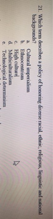 Solved 21. Which term describes a policy of honoring diverse | Chegg.com