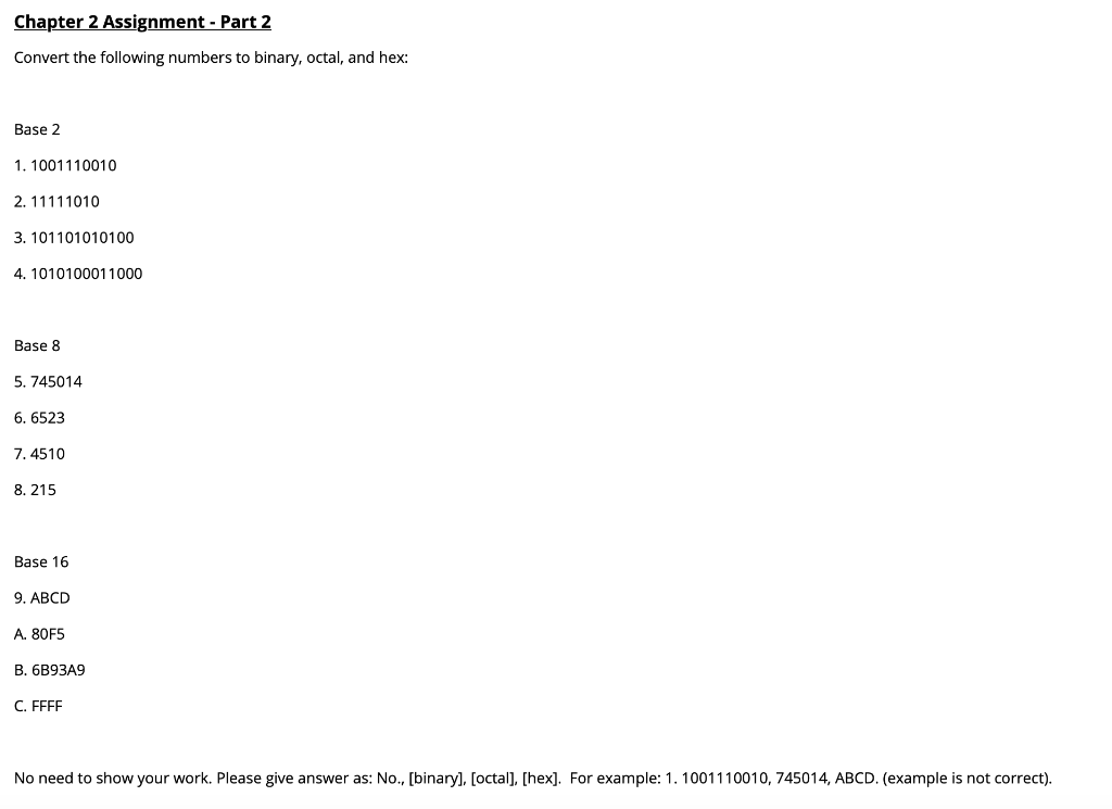 Solved Chapter 2 Assignment - Part 2 Convert the following | Chegg.com