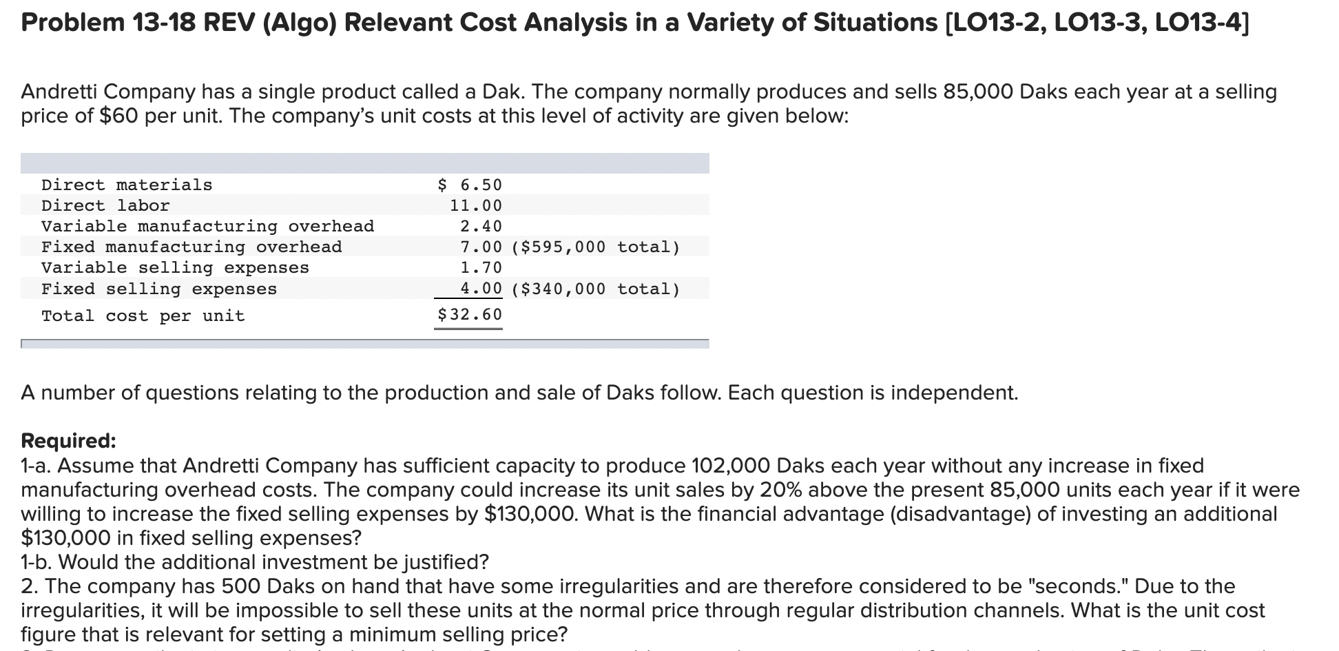 Solved Problem 13-18 REV (Algo) Relevant Cost Analysis In A | Chegg.com