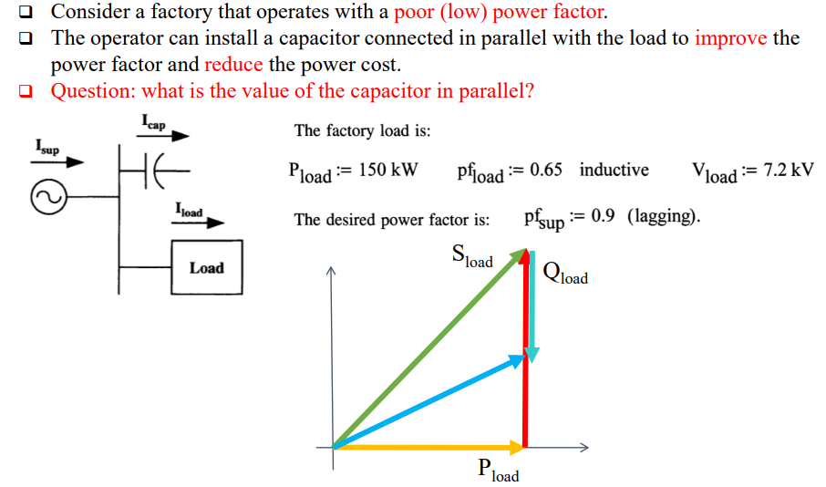 Consider a factory that operates with a poor (low) power factor.
The operator can install a capacitor connected in parallel w