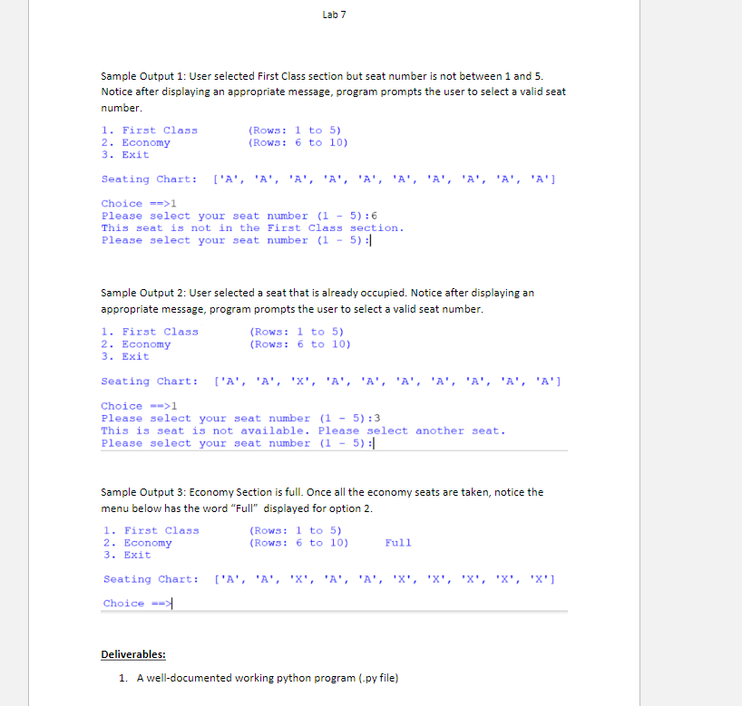 Solved Lab 7 Sample Output 1: User selected First Class | Chegg.com