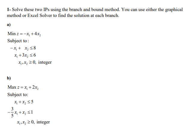 Solved 1- Solve these two IPs using the branch and bound | Chegg.com