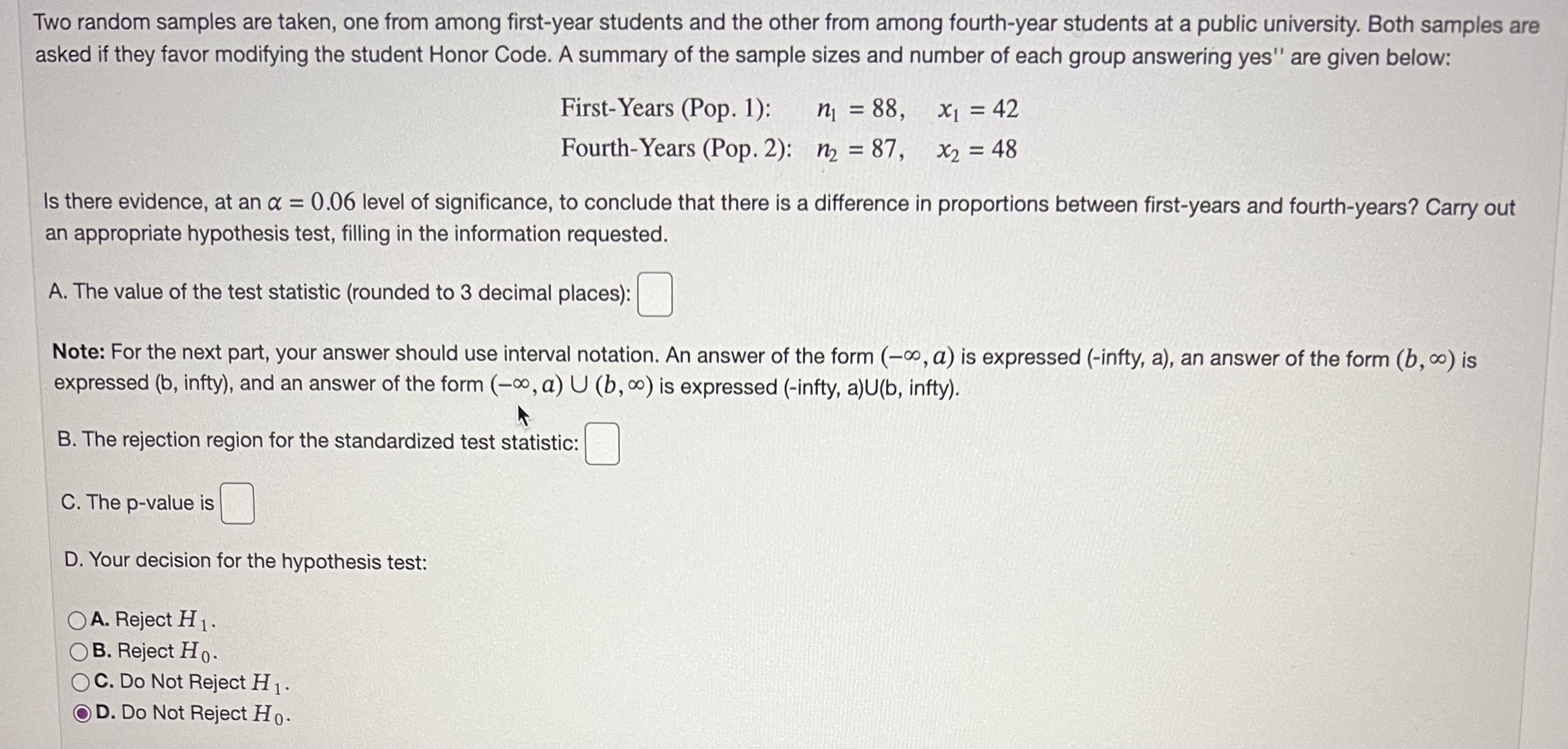 Solved First-Years (Pop. 1): n1=88,x1=42 Fourth-Years (Pop 