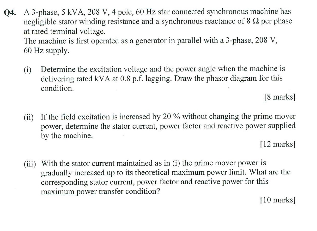 Solved Q4. A 3-phase, 5 kVA, 208 V, 4 pole, 60 Hz star | Chegg.com