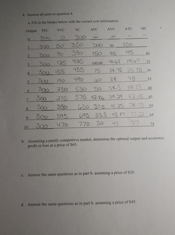 Solved 4. Answer all parts to question 4. a. Fill in the | Chegg.com