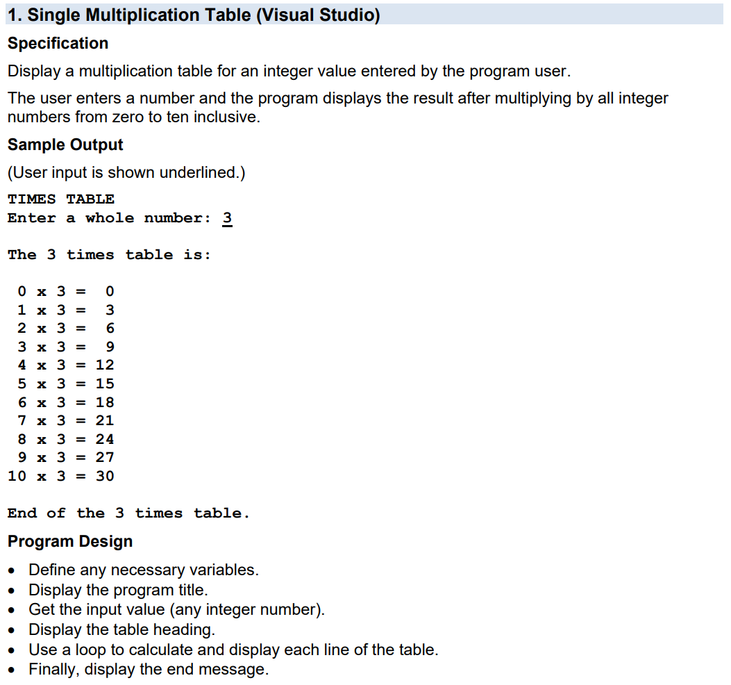 Solved 1. Single Multiplication Table (Visual Studio) | Chegg.com