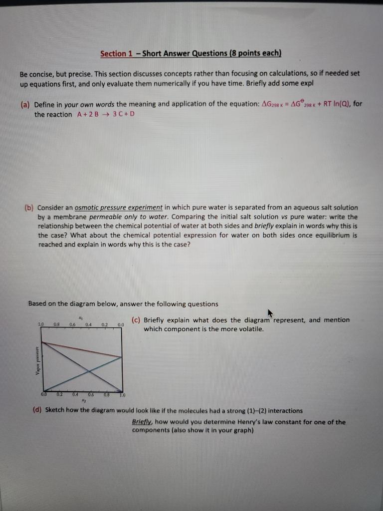 Solved Section 1 - Short Answer Questions (8 points each) Be | Chegg.com