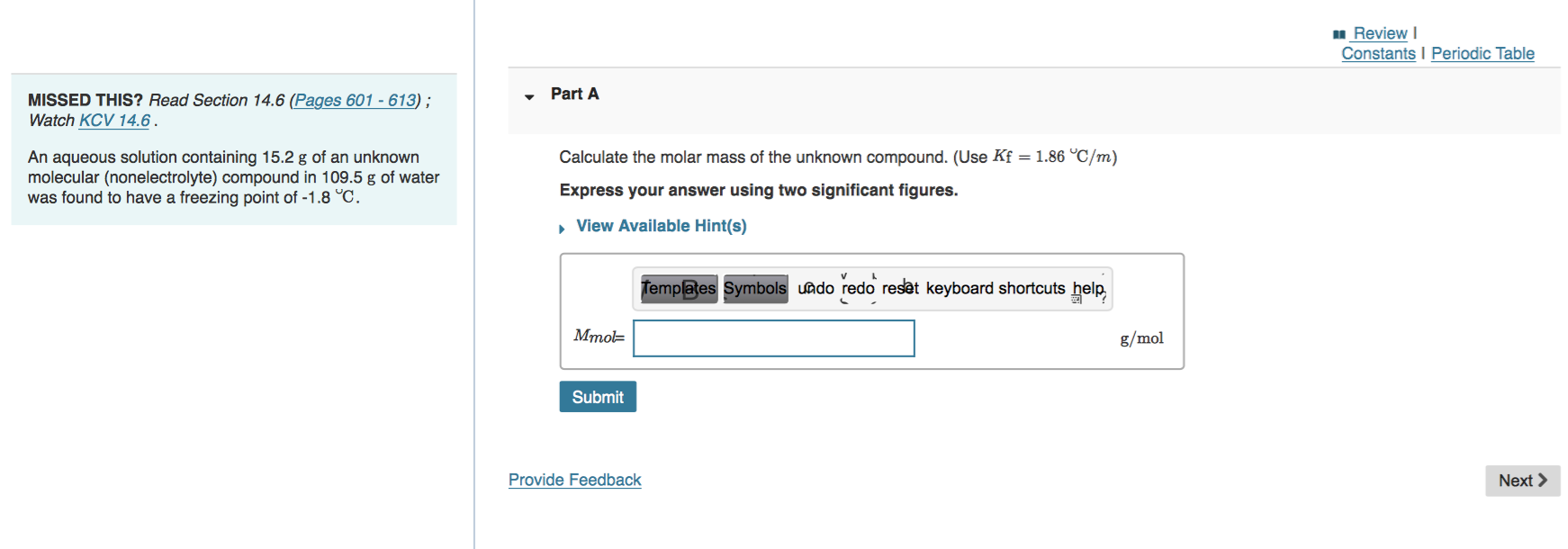 Solved a Review Constants 1 Periodic Table Part A MISSED | Chegg.com