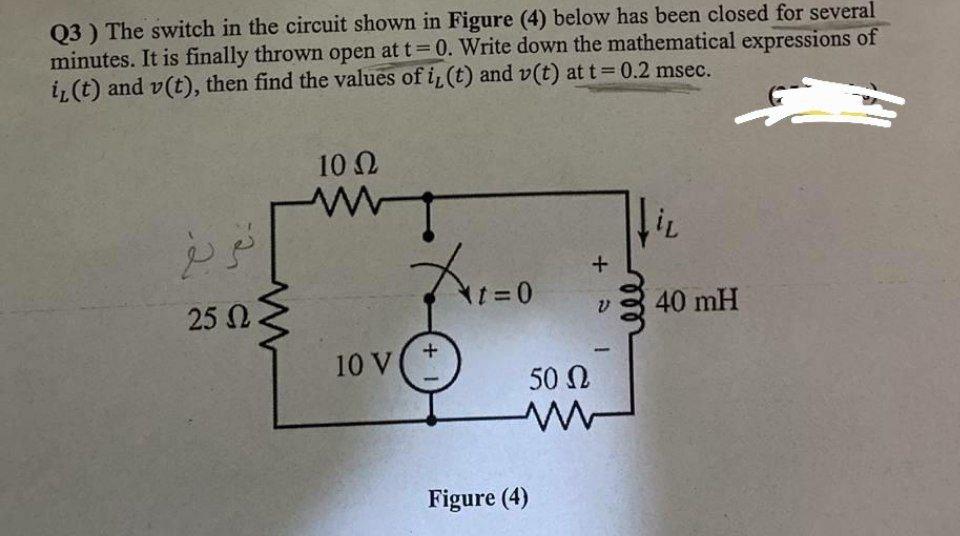 Solved Q3 ) The switch in the circuit shown in Figure (4) | Chegg.com