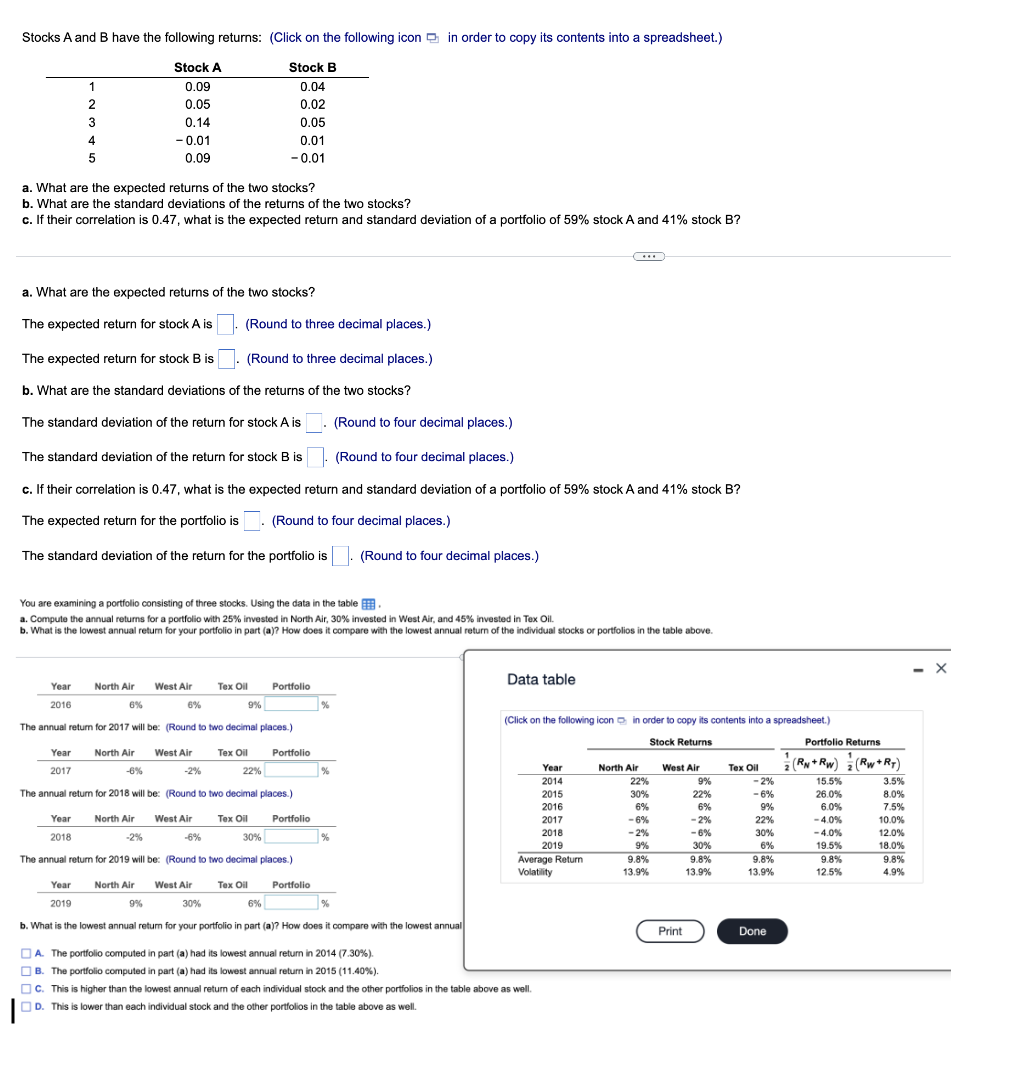 Solved Stocks A And B Have The Following Returns: (Click On | Chegg.com