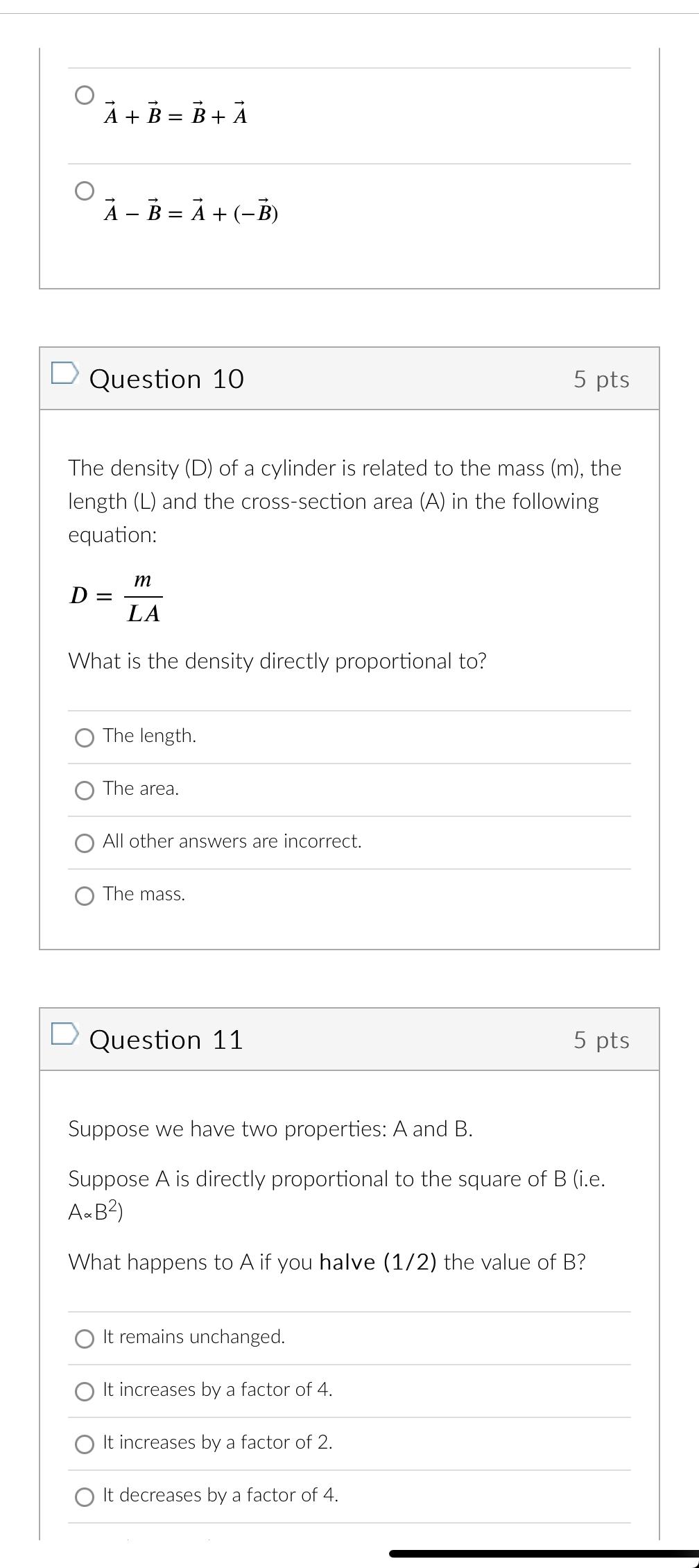 Solved A+B=B+ A A-B=A+ (-B) Question 10 D The density (D) of | Chegg.com