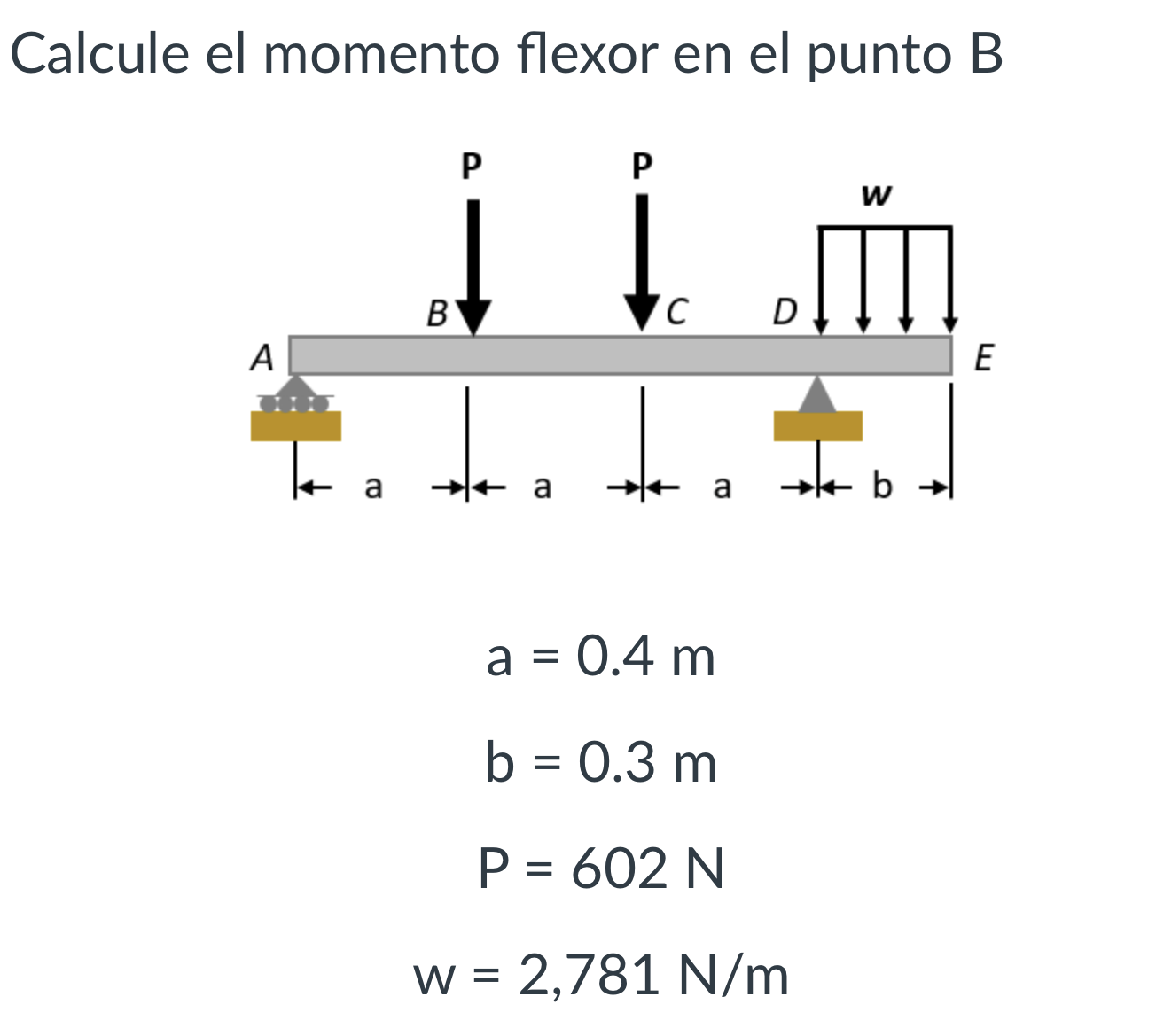 Calcule el momento flexor en el punto \( B \) \[ \begin{array}{c} a=0.4 \mathrm{~m} \\ b=0.3 \mathrm{~m} \\ P=602 \mathrm{~N}