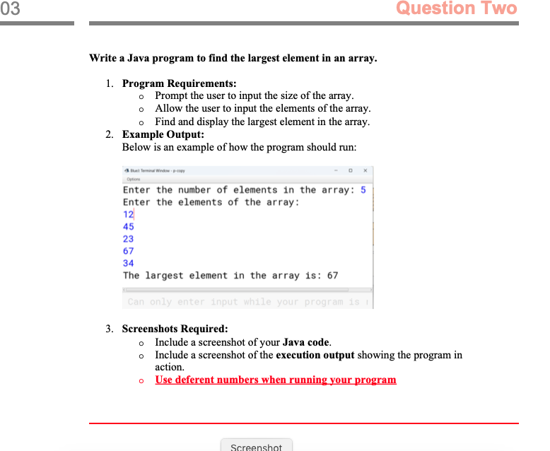 Solved Write a Java program to find the largest element in | Chegg.com
