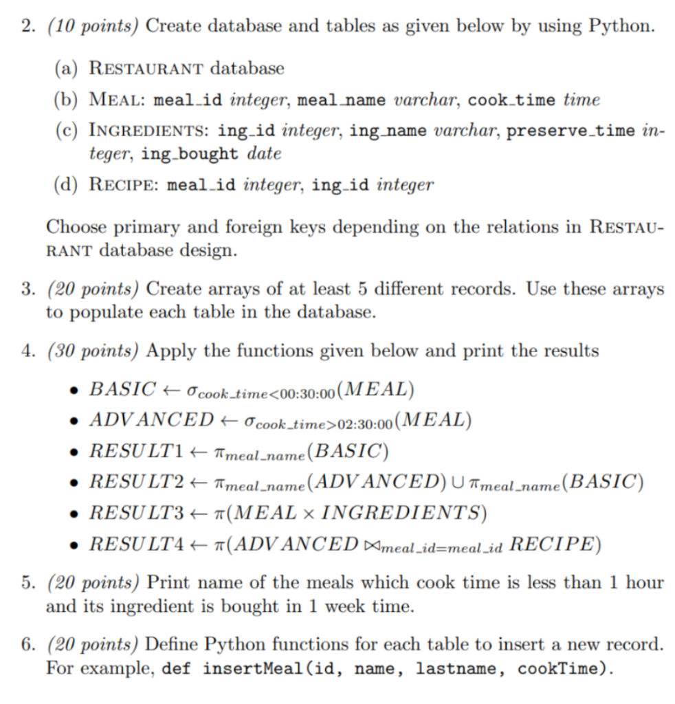 Solved 2. (10 points) Create database and tables as given | Chegg.com