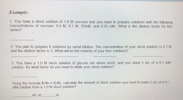 Solved Example: 1. You have a stock solution of 1.6 M | Chegg.com
