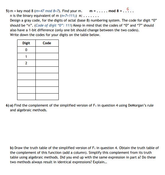 Solved 5) m= key mod8(m=47mod8=7). Find your m.m=… mod 8=…… | Chegg.com