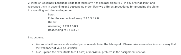 Solved 2. Write an Assembly Language code that takes any 7 | Chegg.com