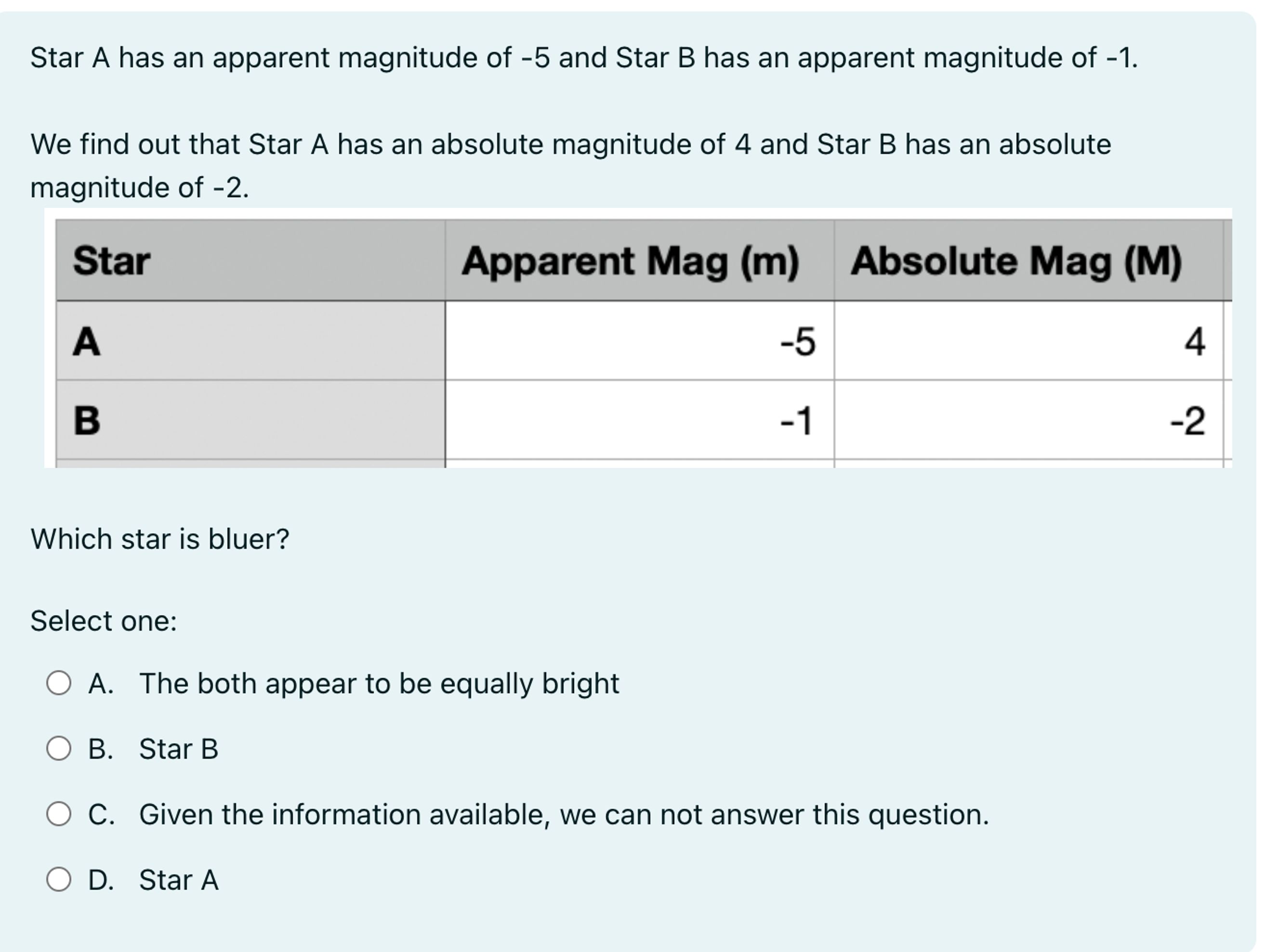 Star A Has An Apparent Magnitude Of -5 ﻿and Star B | Chegg.com