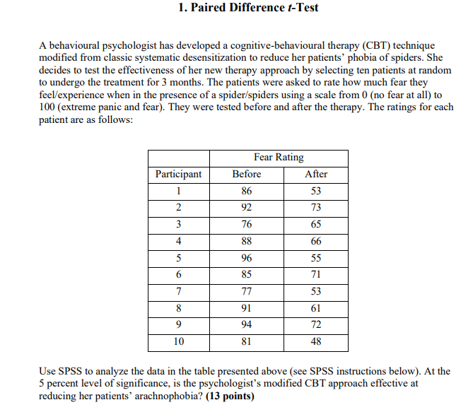 Solved 1. Paired Difference tTest A behavioural