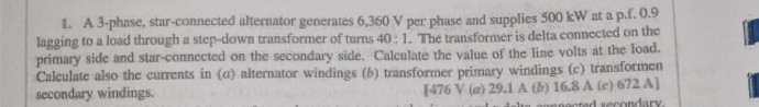 Solved L. A 3-phase, star-connected alternator generates | Chegg.com