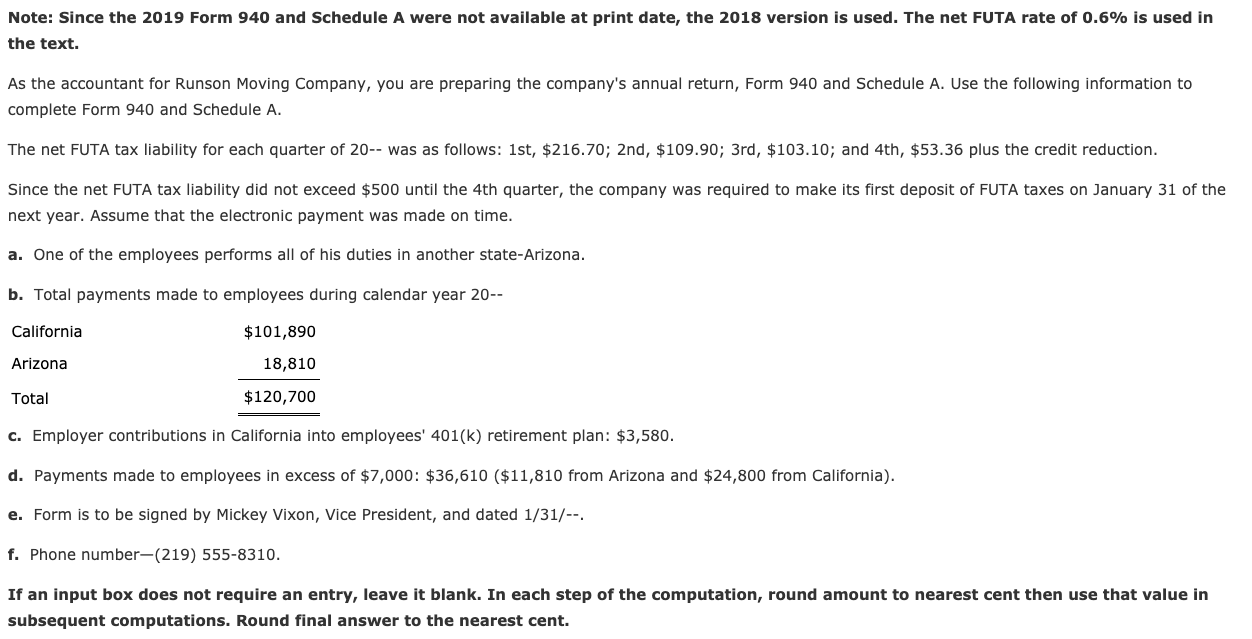 Note Since The 2019 Form 940 And Schedule A Were Not Chegg 