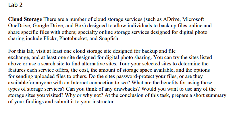 Solved Lab 2 Cloud Storage There are a number of cloud | Chegg.com